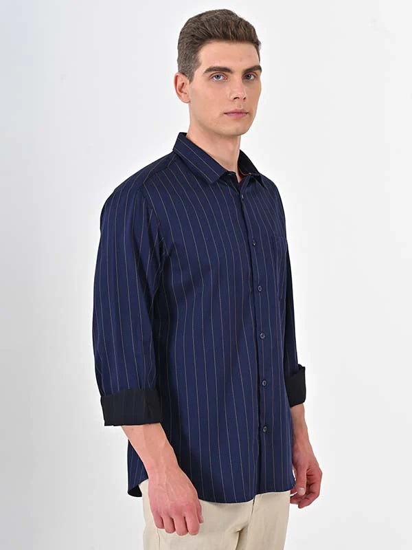 Indian Terrain Men's Regular Fit Full Sleeve Striped Navy Shirt